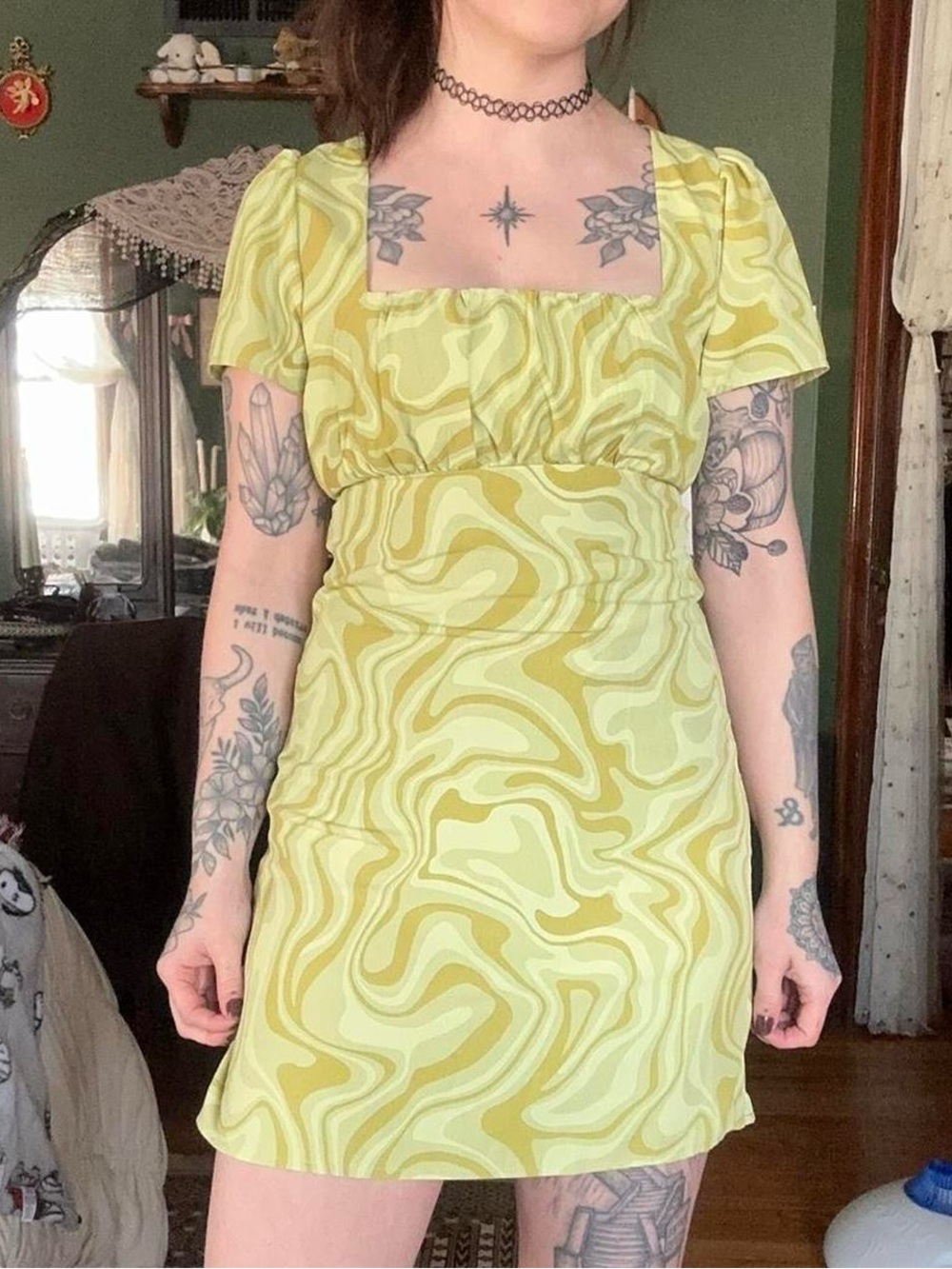 Forever 21 Yellow Swirl Square-Neck Mini Dress